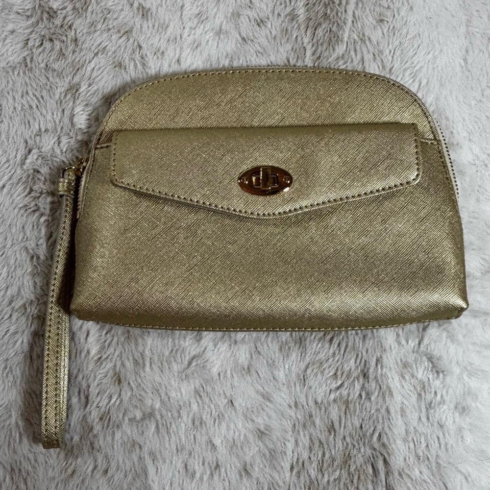 Talbots Gold Saffiano Leather Wristlet Clutch Bag with Polka Dot Lining